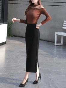 Elegant Solid Color High Waist Slim Pencil Skirt, Spring/Summer - Black - View 2