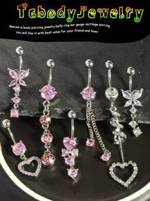 1-3pcs/Set Rhinestone Bow Decor Navel Belly Ring Unsiex Stainless Steel Dangle Belly Button Rings Pink Heart Flower Butterfly Body Piercing Jewelry Navel Belly Bar Gift For Any Occasion Valentines,Mom,Mother,Mother's Day,Gift - Belly Ring - View 1