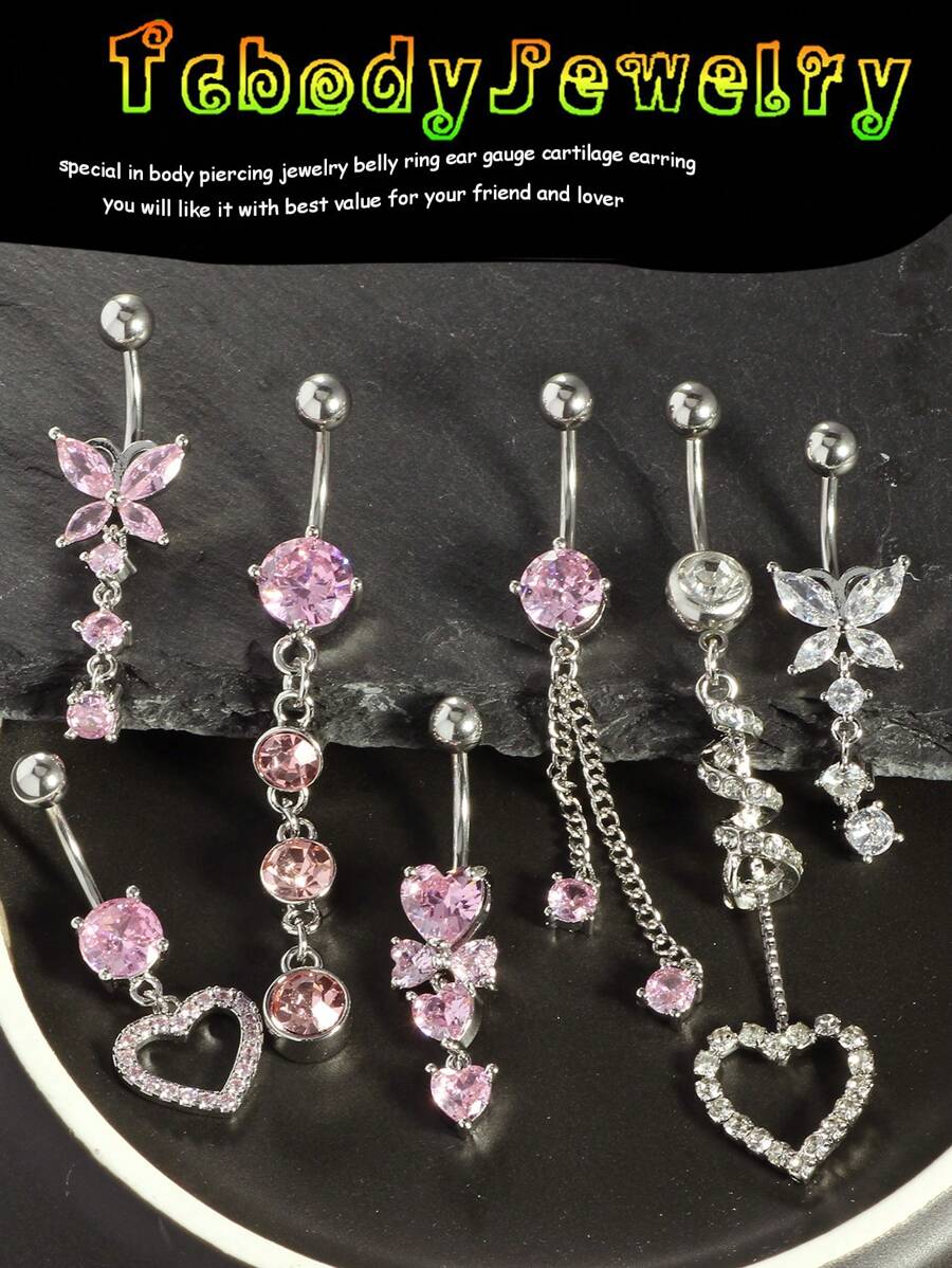 1-3pcs/Set Rhinestone Bow Decor Navel Belly Ring Unsiex Stainless Steel Dangle Belly Button Rings Pink Heart Flower Butterfly Body Piercing Jewelry Navel Belly Bar Gift For Any Occasion Valentines,Mom,Mother,Mother's Day,Gift - Belly Ring - View 1