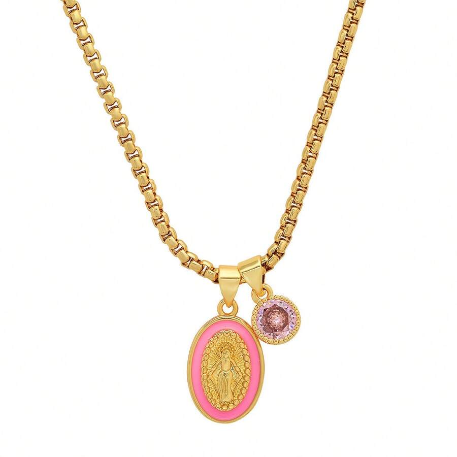 Hmy Jewelry Ladies 18k Gold Plated Brass Our Lady Of Guadalupe And Simulated Diamond Pendant Charms - 粉色 - 查看 1