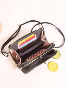 Thời trang Vải Litchi-Kết cấu Chuỗi Trang trí Khóa kéo Nội thất Ví Điện thoại PhShoulder Bag Với Dây đeo Có thể điều chỉnh Ví đeo tay Túi đựng điện thoại Cover - màu đen - Xem 3