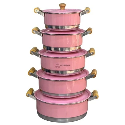 Jogo de Panela Conjunto Kit Cacarola Pop com 5 unidades Alça de Madeira com Tampa Rosa Liso Bebê