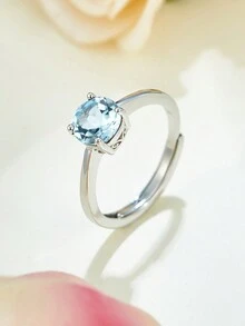 1 件优雅奢华 925 纯银镶嵌圆形天然水晶石可调节开口戒指，时尚精致，适合婚礼、礼物、圣诞主题 - 淺藍色 - 查看 1