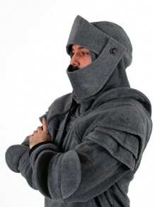 中世纪骑士角色扮演男式连帽运动衫，配有护肘和面罩，复古风格 - 灰色 - 查看 2