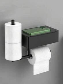 1 szt. Wysokiej jakości matowy czarny uchwyt na papier toaletowy, montowany na ścianie ze schowkiem i podwójnym dozownikiem w rolce, odpowiedni do łazienki i kuchni, bez konieczności instalacji, wystrój łazienki na lato