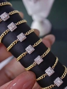 1 chiếc nhẫn xích kéo có thể điều chỉnh được làm từ bạc Sterling S925 mạ vàng 18K cắt kiểu công chúa đính kim cương, phụ kiện đeo hàng ngày - phong cách 1 - Xem 3