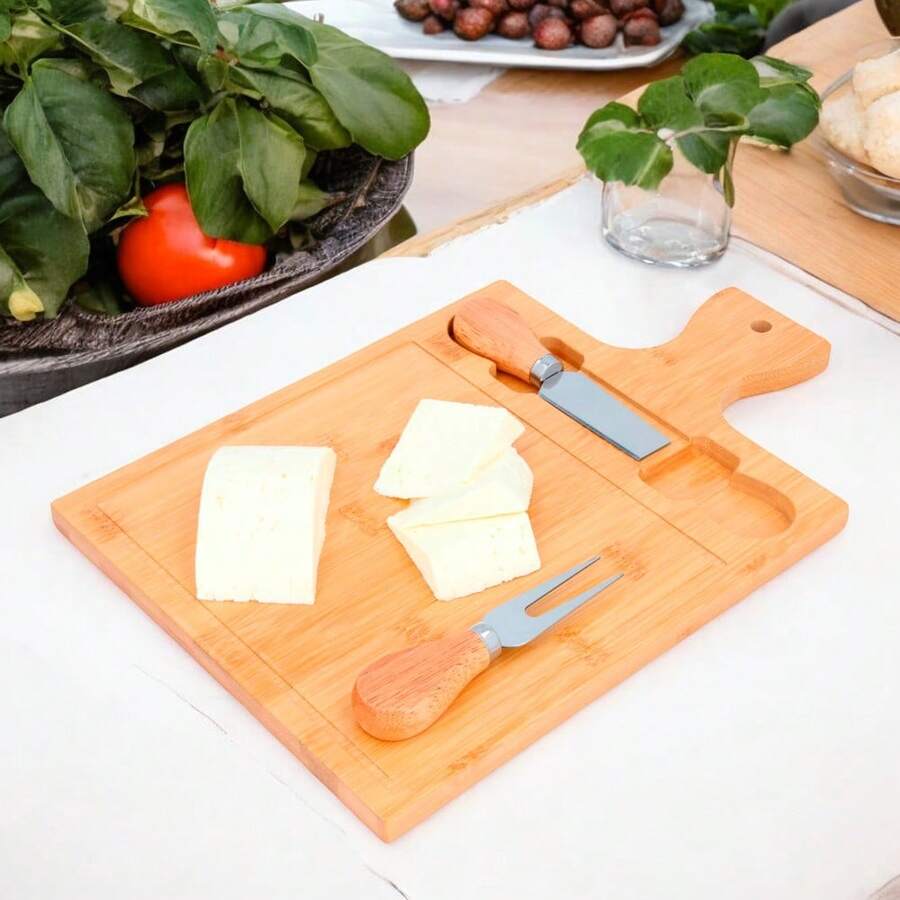 PromoClick Rectangular Cheese Board With Handle, 1 Fork And 1 Serving Knife. - Beige - View 1