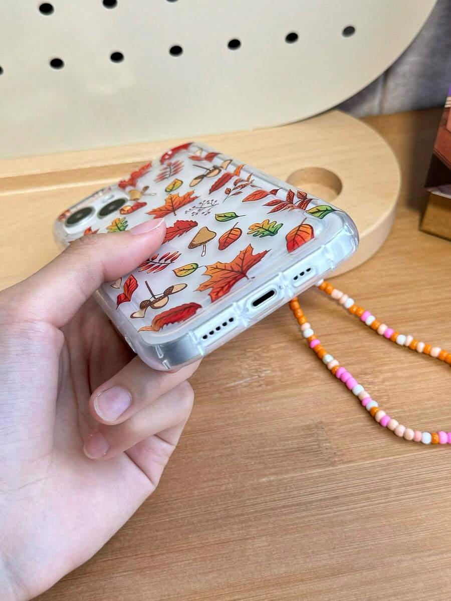 1pc Autumn Maple Leaf Chestnut Mushroom With Orange Pearl Chain Shock