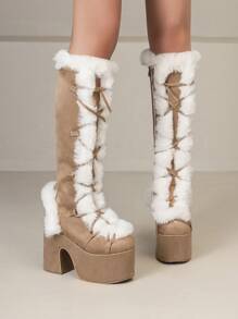 2025秋冬季女士过膝Y2K朋克风棕色毛绒靴，厚底高跟女靴