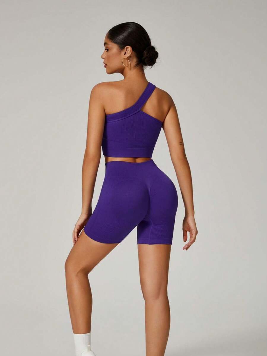 Women's Premium Fitness Set Top With Comfortable Strap Elastic Ribbed Fabric And Butt-Lifting Shaping Bermuda Shorts Gym Workout Fashion - 紫色 - 查看 1