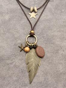1pc Multi-Layer Brown Wax Rope Vintage Round Disc Five-Pointed Star Wood Bead Pendant Necklace With Big Hollow Leaf & Money Tree Charm, Antique Bronze Key & Note Pendant Necklace, Fashion Long Necklace, Great Gift For Mom & Girlfriend