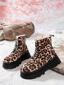 女士豹纹印花保暖内衬复古圆头厚底侧拉链踝靴 - 卡其色 - 查看 3