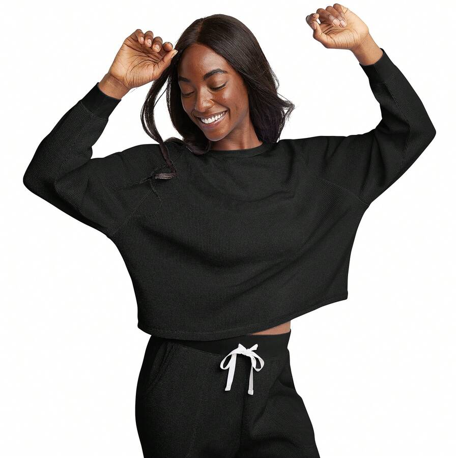 Hanes Originals Women's Waffle Long Sleeve Lounge Top Cropped Fit - màu đen - Xem 1