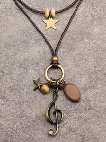 1pc Multi-Layer Brown Wax Rope Vintage Round Disc Five-Pointed Star Wood Bead Pendant Necklace With Big Hollow Leaf & Money Tree Charm, Antique Bronze Key & Note Pendant Necklace, Fashion Long Necklace, Great Gift For Mom & Girlfriend