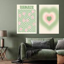 2 件绿色和粉色抽象花卉心形帆布海报，现代抽象墙壁艺术，客厅卧室家居装饰，波西米亚风格墙壁装饰，无框架 - 彩色 - 查看 11