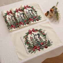 1 cái/4 cái/6 cái Miếng lót đĩa vải lanh Giáng sinh, Bông tuyết, Quả cầu Giáng sinh, Nơ, Cây thông Noel, Quả thông, Họa tiết chữ, Dễ vệ sinh, Thích hợp cho gia đình, Nhà hàng, Trang trí bàn ăn, Đồ gia dụng - Nhiều màu - Xem 3