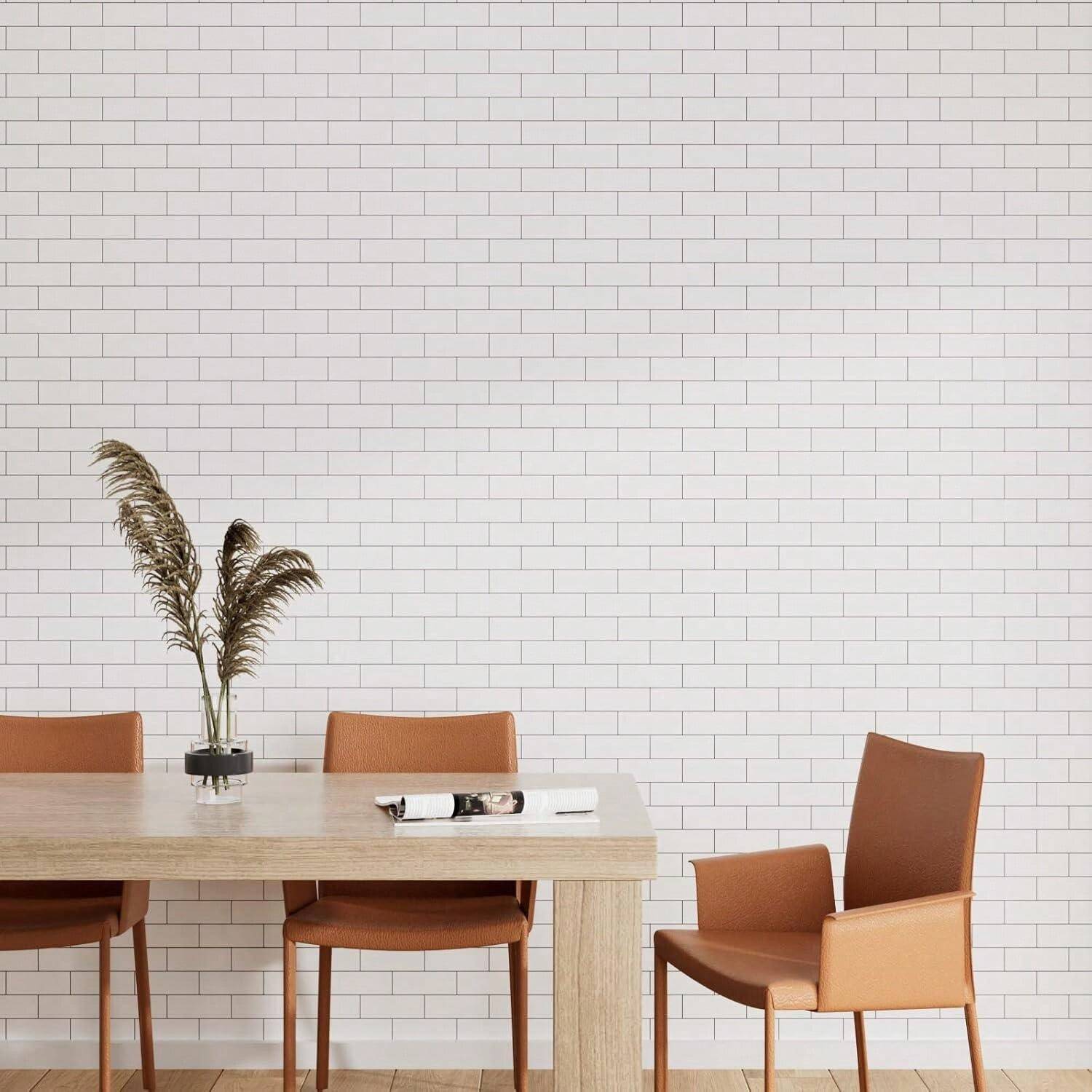 PeelAndStick Brick Pattern Wallpaper, 3D Faux White Square Brick