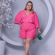 Women's Plus Size Batwing Jumpsuit With Waistband And Pockets - 玫紅色 - 查看 1