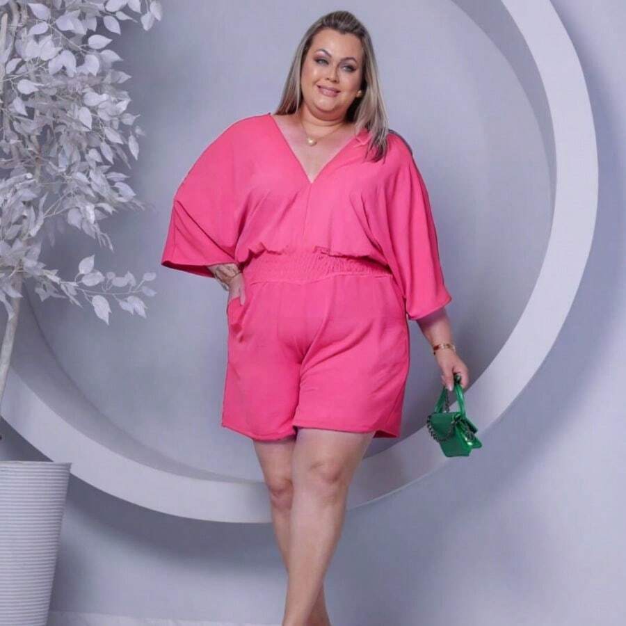 Women's Plus Size Batwing Jumpsuit With Waistband And Pockets - 玫紅色 - 查看 1