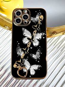 1pc Black TPU Electroplated Butterfly Pattern Shockproof Phone Case And 1pc Black Electroplated Butterfly Wrist Strap, Compatible With/Matching Phone Cases/Phone Cases With Lanyard/Wristband Phone Cases/Fun Phone Cases/Android Phone Cases/ Phone Cases/ Phone Cases/OPPO Phone Cases/Compatible With Iphone 15 Pro Max/IPhone 14 Pro Max/ A52 4G/ A31 4G/ A23/Redmi Note 11 Pro 4G/Redmi Note 12 4G/OPPO A54/ A14/ A54 - Multicolor - View 4