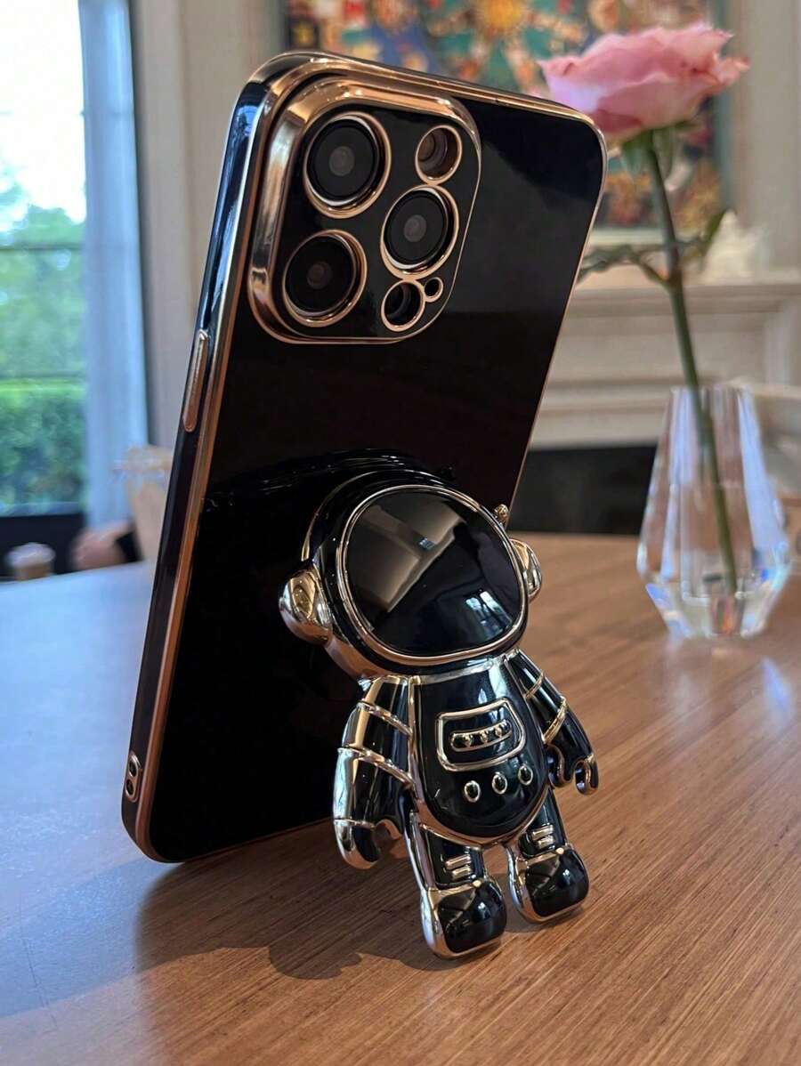 宇航员支架手机壳，可折叠电镀软壳防震保护套，适用于 17 16 15 14 13 12 11 XS XR X 7 8 Plus Pro Max Galaxy S25U S24 S23 A55 A54 A35 A25 A15 A16 A17 A06 A07、Redmi 9 10 12 13 14C T A Redmi Note 9 10 11 12 13 14、Redmi A5 电镀保护套 - 黑色 - 查看 1