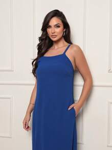 Long Dress With Pocket And Side Slit In Elegant Dune Fabric - bic azul - Ver 2