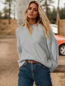 Women's Sweater Solid Color Oversized Crewneck Long Sleeve Fuzzy Knit Casual Chunky Warm 2024 Fall Pullover Loose Sweaters Top Outfits - Màu Xám nhạt - Xem 2