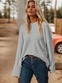 Women's Sweater Solid Color Oversized Crewneck Long Sleeve Fuzzy Knit Casual Chunky Warm 2024 Fall Pullover Loose Sweaters Top Outfits - Màu Xám nhạt - Xem 3