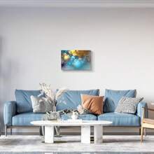 1pcs Golden Canvas Wall Art Blue Modern Abstract Painting Prints Colorful Smoke Billowing On White Background Energetic Artwork Pictures For Living Room Bedroom Hallway Wall Decoration With Framed Ready To Hang
