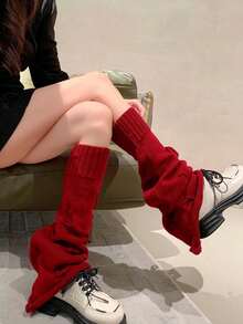 1 Pair Women Flare Ripped Knit Leg Warmers, Burgundy, Autumn/Winter - Burgundy - View 3