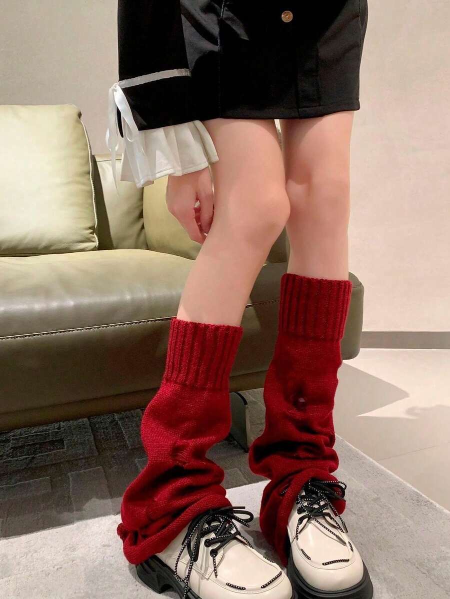 1 Pair Women Flare Ripped Knit Leg Warmers, Burgundy, Autumn/Winter - Burgundy - View 1