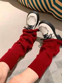 1 Pair Women Flare Ripped Knit Leg Warmers, Burgundy, Autumn/Winter - Burgundy - View 4