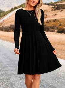Women's Fall Short Dress Ribbed Knit Crewneck Long Sleeve A Line Flowy Casual Elegant Cute Going Out Dresses - màu đen - Xem 4