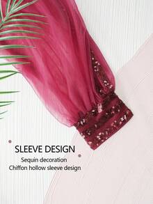 Women's Elegant Sequin V-Neck Slit Mesh Hollow Long Sleeve Party Evening Dress - Burgundy - View 8