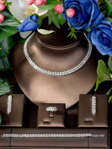 1 套独特的方晶锆石几何装饰首饰套装，适合作为女性的生日礼物 - 銀色 - 查看 2