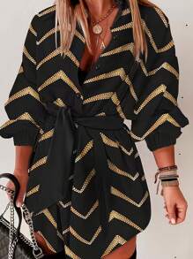 女士撞色随机箔波浪条纹印花衬衫裙，适合音乐节 - 黑色和金色 - 查看 1