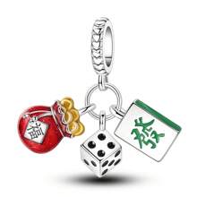 1 件银色经典红色珐琅方晶锆石幸运中国龙招财猫财神狮子麻将骰子饰品适合蛇手链项链吊坠串珠 DIY 珠宝制作女士女孩春节珠宝礼物送给朋友 - 銀色 - 查看 14