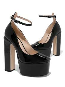 Zapatillas de recubierto punta cerrada, tacón alto, pulsera ajustable, zapatos de tacón alto con plataforma para mujer, tacón grueso, - Negro - Ver 7