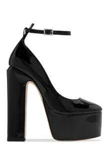 Zapatillas de recubierto punta cerrada, tacón alto, pulsera ajustable, zapatos de tacón alto con plataforma para mujer, tacón grueso, - Negro - Ver 6