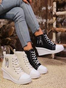Fall/Winter Canvas Platform Shoes, Women Casual Thick Sole Wedge Sneakers - Black - View 4