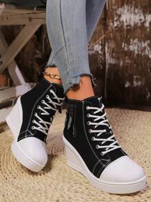 Fall/Winter Canvas Platform Shoes, Women Casual Thick Sole Wedge Sneakers - Black - View 2