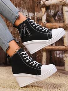 Fall/Winter Canvas Platform Shoes, Women Casual Thick Sole Wedge Sneakers - Black - View 3
