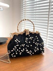 Pearl Embroidery Fashion Handbag, Qipao Party Clutch Bag, Chain Bag, Embroidered Pearl Shoulder Bag