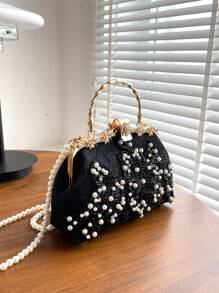 Pearl Embroidery Fashion Handbag, Qipao Party Clutch Bag, Chain Bag, Embroidered Pearl Shoulder Bag