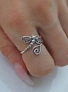 1 pièce Bague en forme de libellule de style boho couleur argent antique pour femmes, accessoire de bague rétro, bijoux - libellule - Voir 2