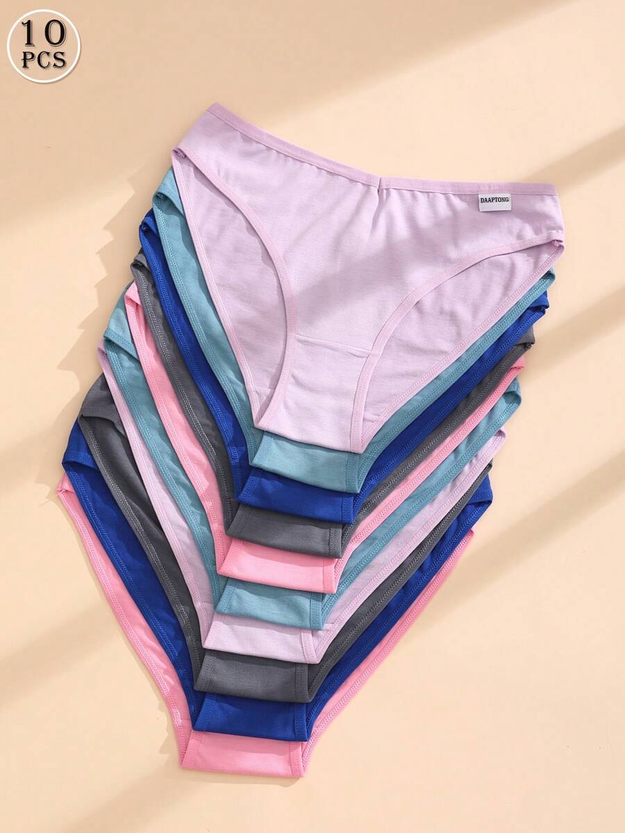 10 PCS Women's Cotton Panties V Waist Solid Color Briefs Comfortable And Breathable Sports Underwear - Multicolor - View 1