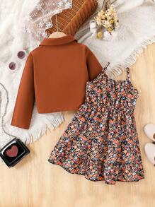 2Pcs Young Girl Casual Solid Color Long Sleeve Cropped Shirt Jacket & All-Over Print Ditsy Floral Summer Dress Set, Suitable For Spring/Summer Outdoor, Daily, Casual, Holiday, Party