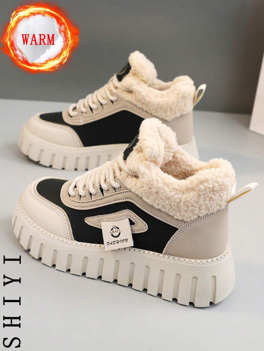 女士白色休闲鞋、运动鞋、2024冬季新款加绒保暖、户外厚底增高、时尚百搭度假风、学生户外徒步滑板鞋、平底厚底运动鞋、雪地靴、女鞋