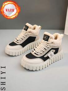 女士白色休闲鞋、运动鞋、2024冬季新款加绒保暖、户外厚底增高、时尚百搭度假风、学生户外徒步滑板鞋、平底厚底运动鞋、雪地靴、女鞋 - 黑色 - 查看 4