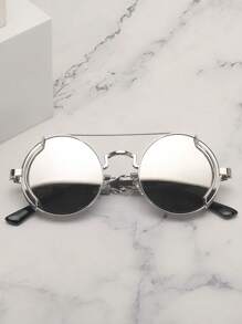 1副圆形朋克风镂空金属框时尚眼镜，复古装饰眼镜，沙滩配饰，夏季海滩度假、户外旅行眼镜 - 金屬框-銀框白水銀片 - 查看 3